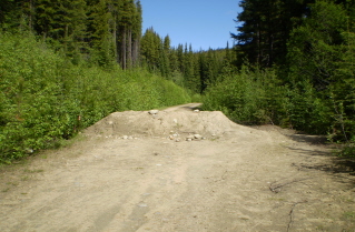 Road squeezes by barrier on logging road to Brent Mtn trail 2010-07.